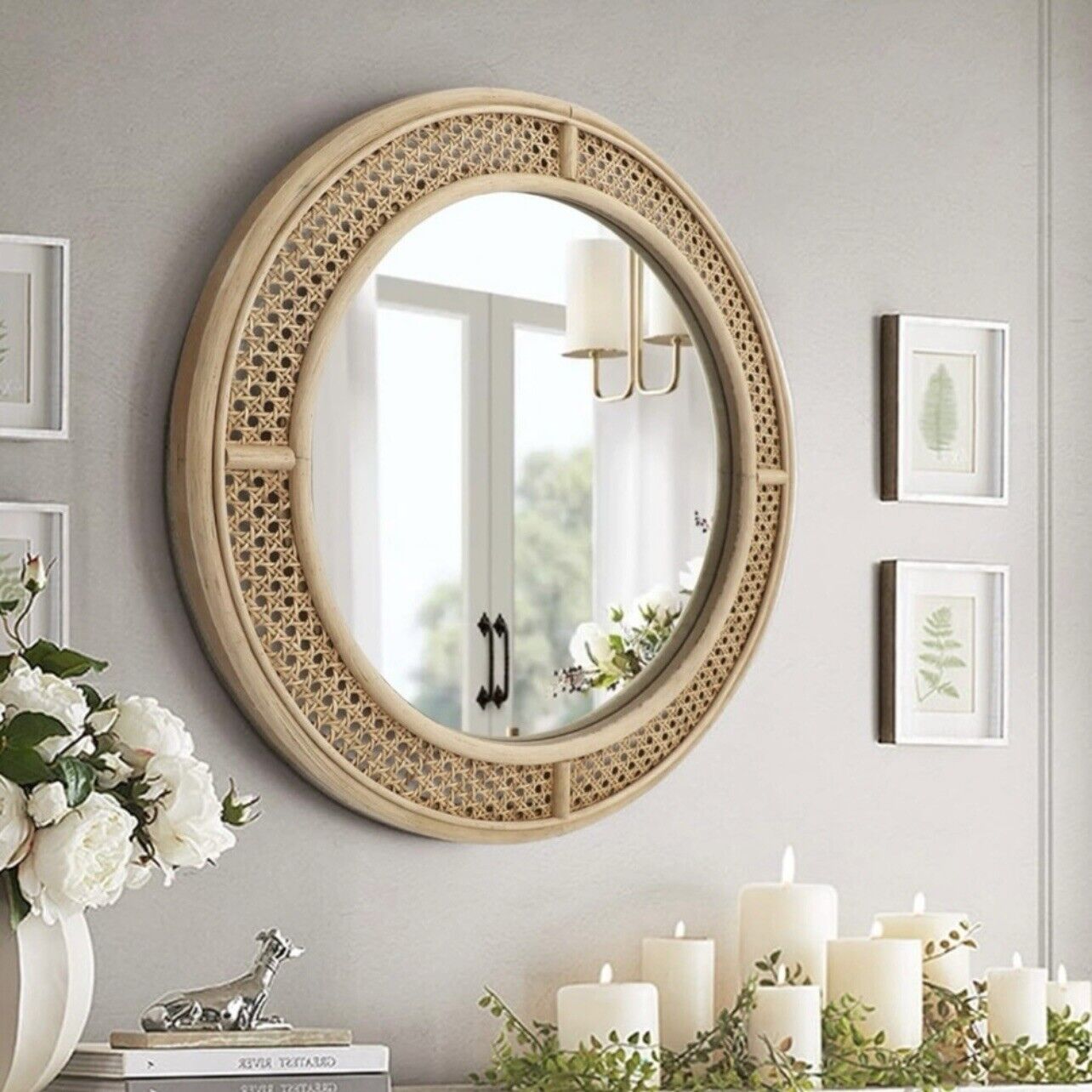 NEW West Elm Large Round Mirror Wicker Rattan Boho Wall Hanging Decor - 24” Diam