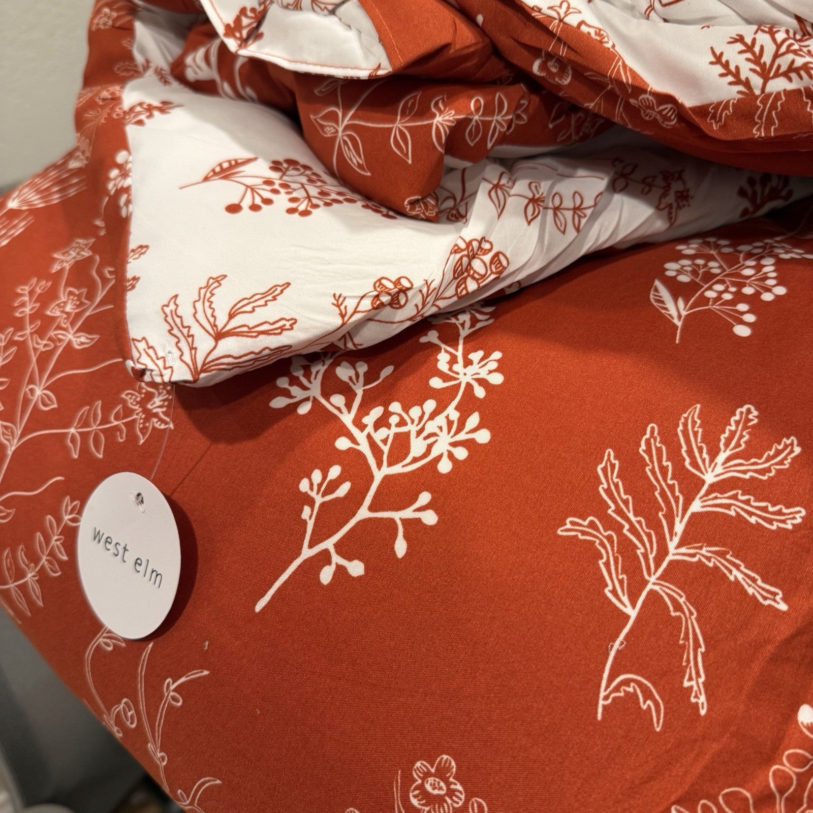 NEW West Elm Red King Size Comforter Botanical Print Bedding & Sham Case Set