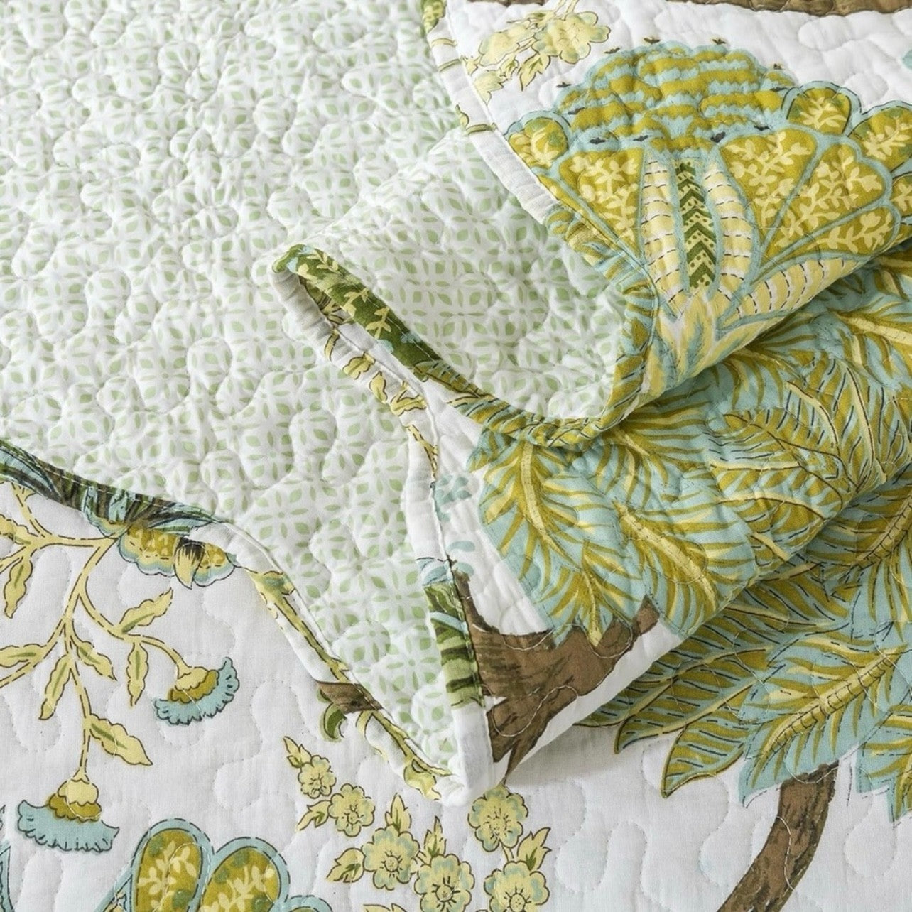 NEW Anthro Green Floral 100% Cotton Boho Quilt Bedding Bedspread Duvet Sham Set