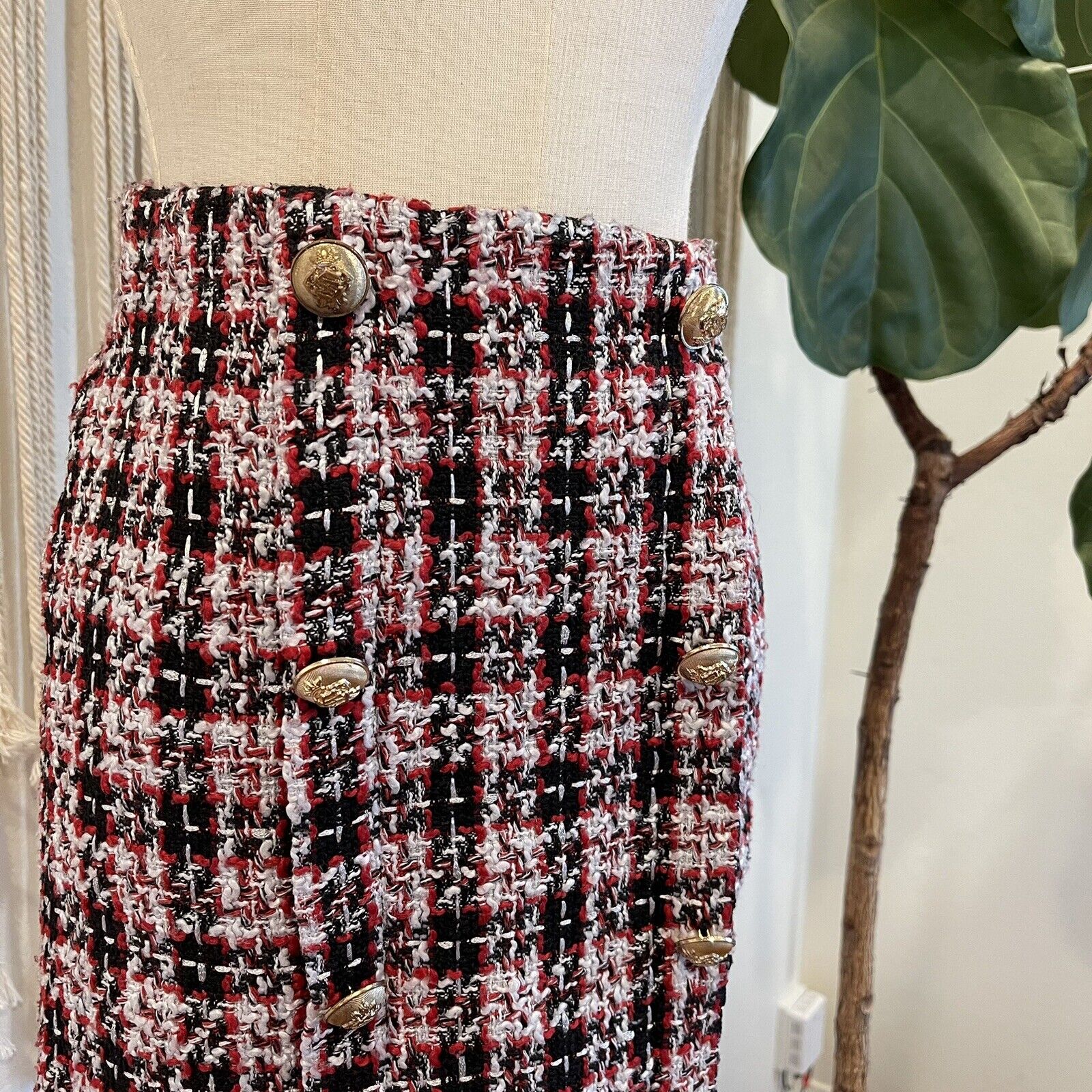 Lioness The South Bank Black & Red Woven Tweed Mini Skirt Gold Buttons - Small