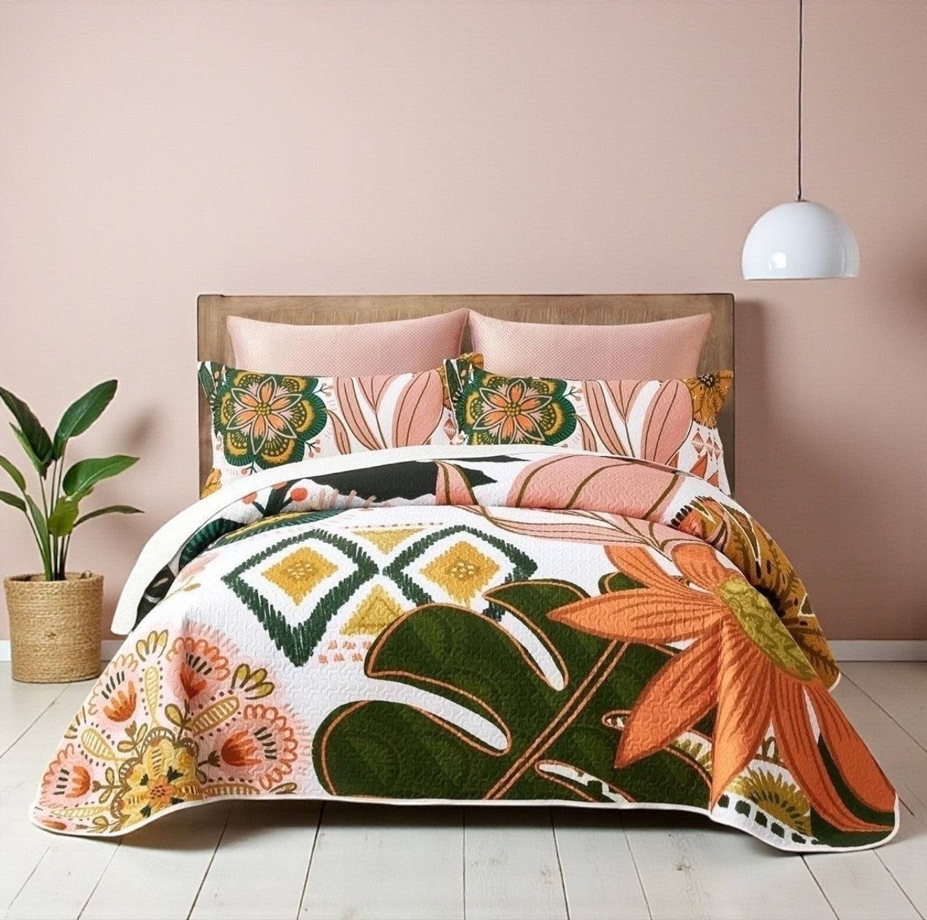 NEW Queen Abstract Floral Boho Reversible Quilt Bedspread Blanket Sham Set