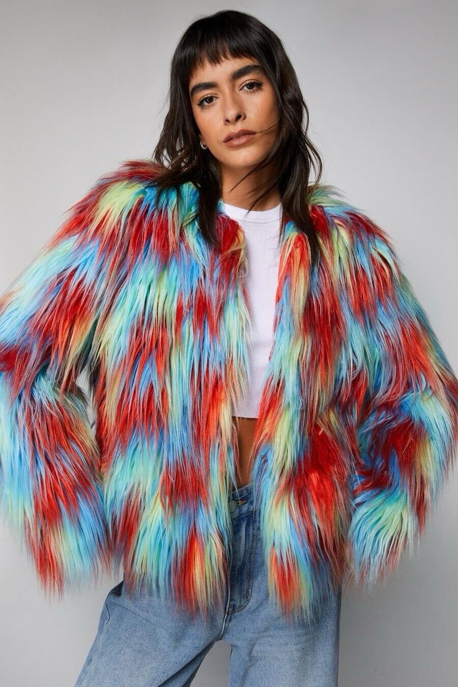 NEW Nasty Gal Rainbow Multicolor Faux Fur Hippie Jacket Coat Sweater Large / 10