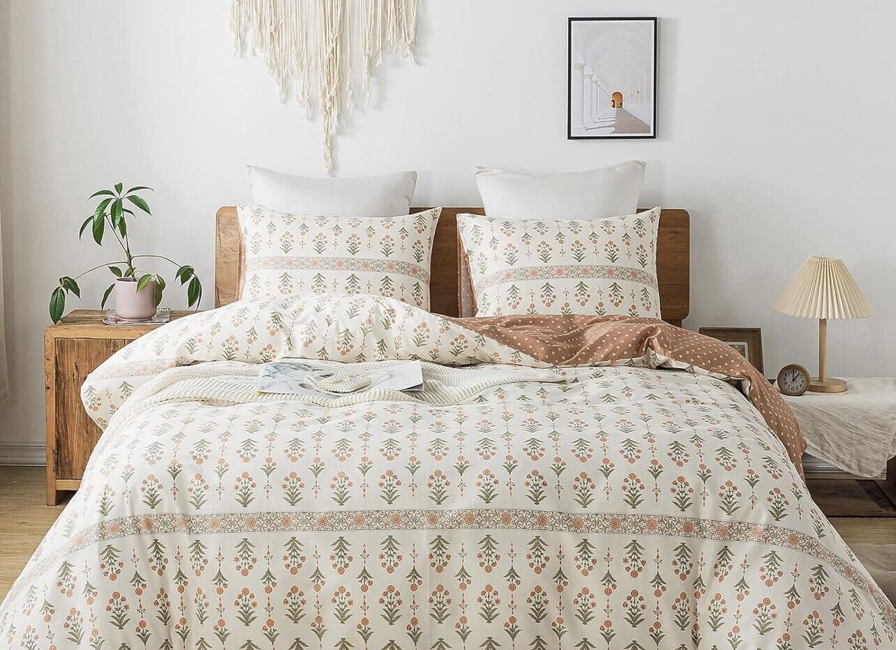 NEW Anthropologie Cream Boho King Size Floral Bedding Duvet Cotton Sham Set