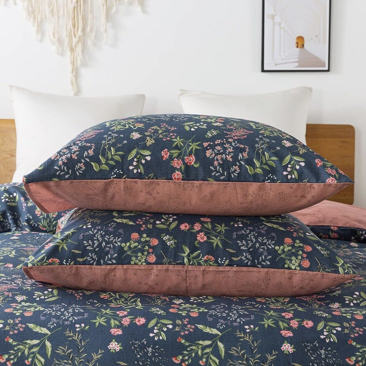 NEW Anthropologie Blue Floral Cotton Boho King Size Bedding Duvet & Sham Set