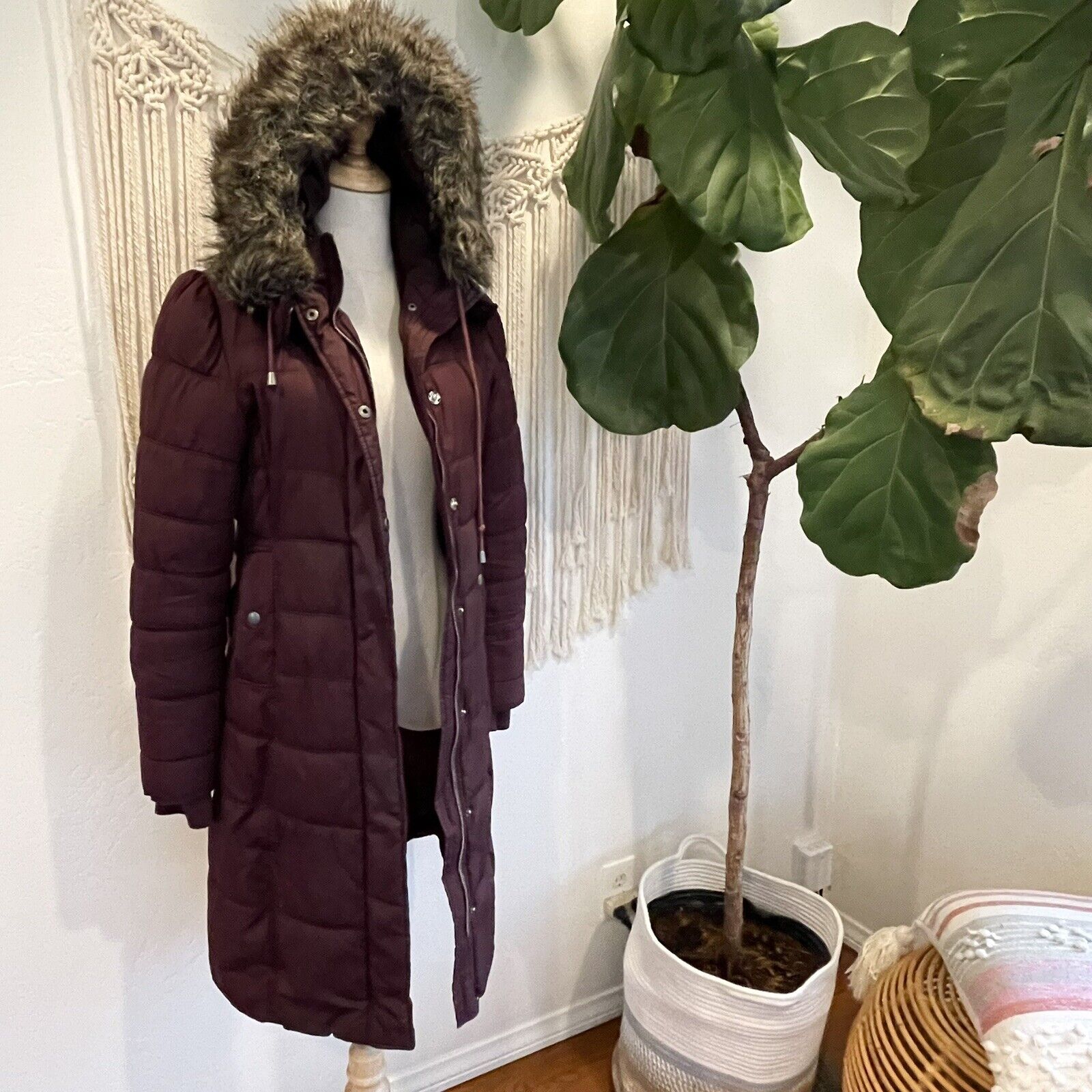 Mossimo Maroon Fur Hood Puffer Long Parka Jacket Coat | Size Small