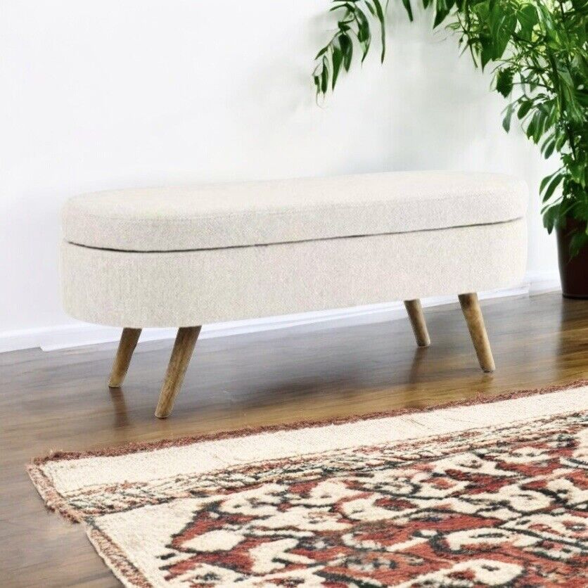 NEW West Elm White Boucle Fabric Storage Ottoman Mid-century Modern Furniture