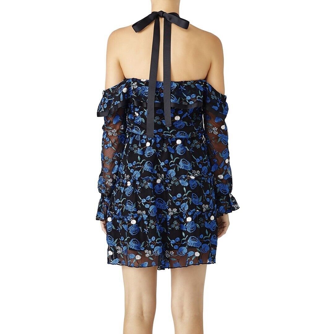 Alexia Admor Blue & Black Embroidered Royal Floral Flutter Sleeve Dress - Size 8