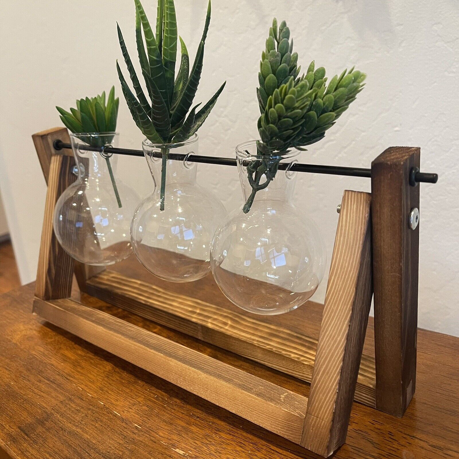 New West Elm Glass Three Bud Vases & Wooden Holder Boho Succulents Planter Set