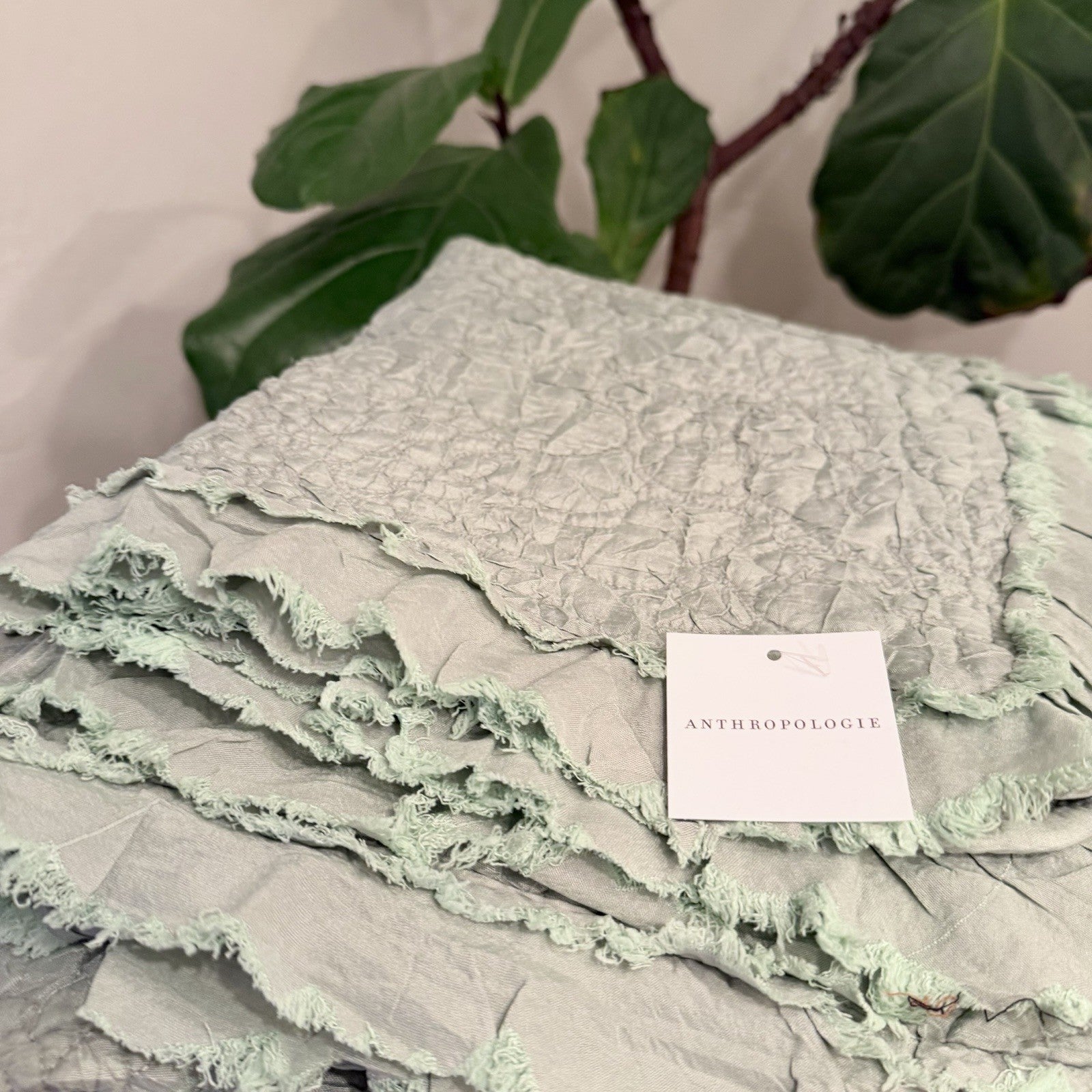 NEW Anthro Sage Green Boho Ruffle Crinkle Queen / King Bedding Quilt & Sham Set