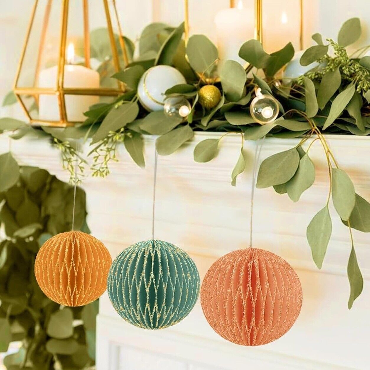 NEW West Elm 6 Piece Boho Glitter Paper Christmas Tree Ornaments Set Decor - 3"