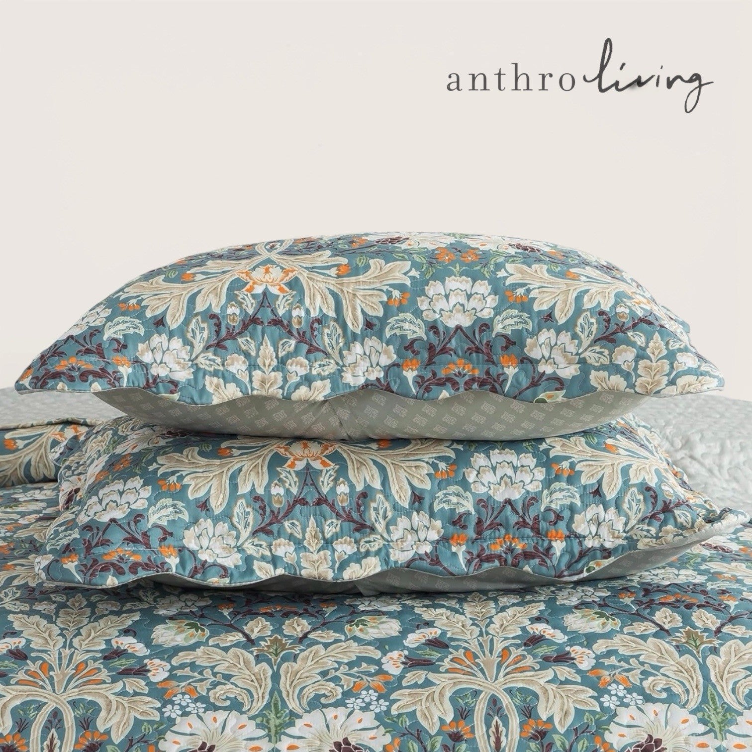 NEW Anthro Teal Floral Reversible Paisley Queen / King Bedding Quilt & Sham Set