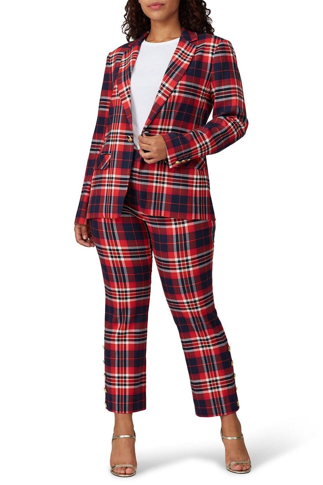 Trina Turk Red Plaid Gold Button Suit Preppy Mercury Pants Slacks Set - Size 12