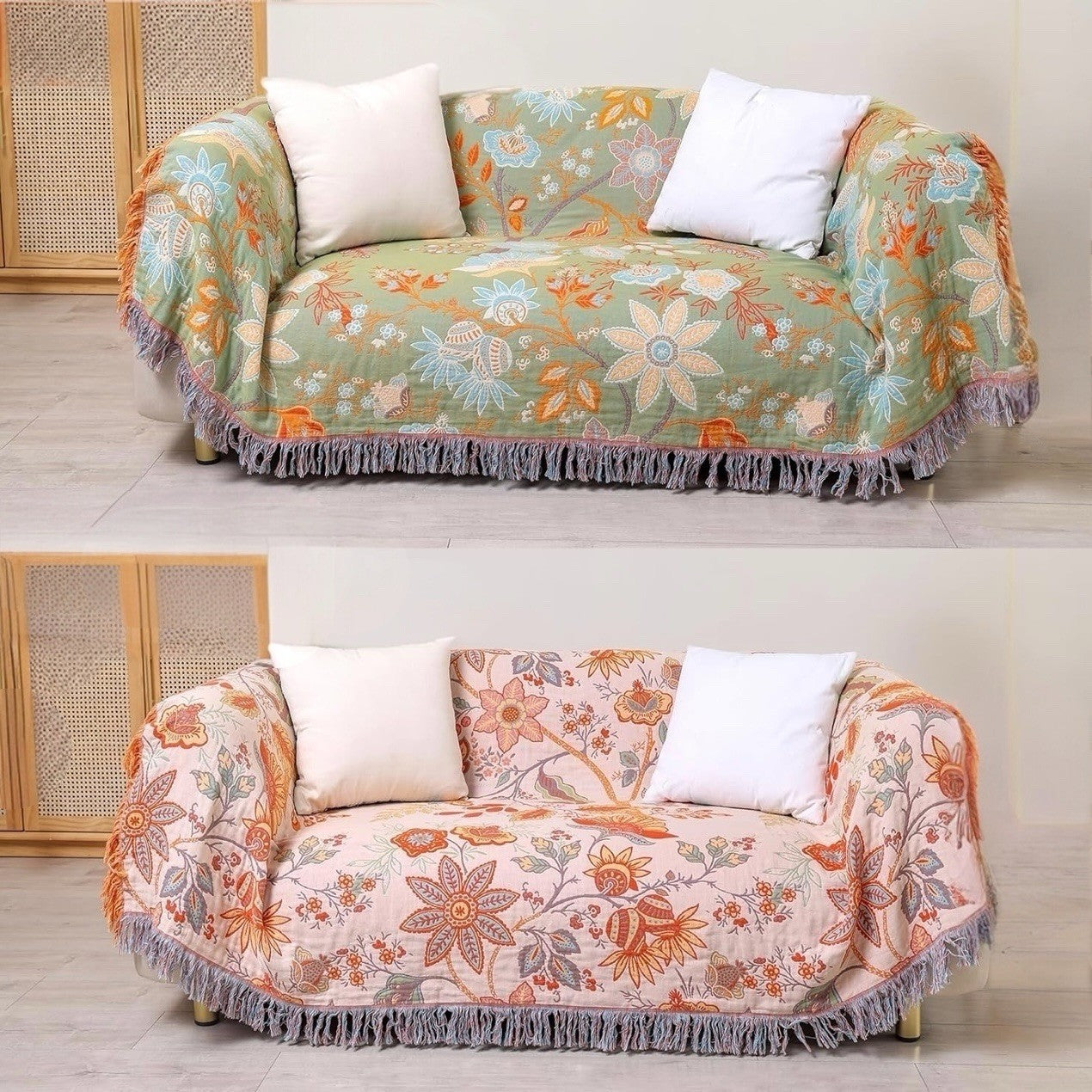 NEW XL Coral & Green Reversible Boho Fringe Blanket Bedspread Quilt - 80" x 90"