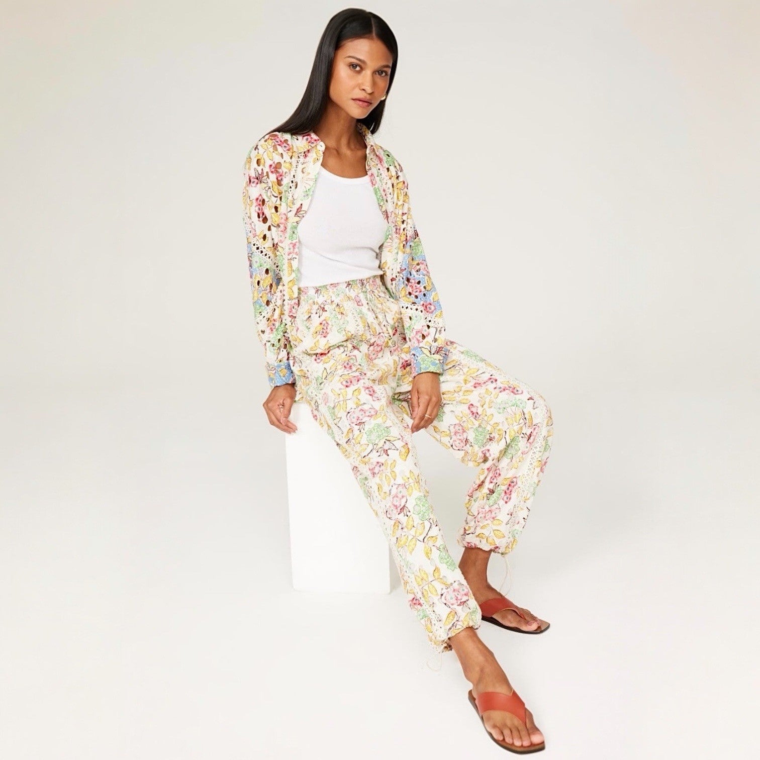 Hemant & Nandita Floral Long Sleeve Embroidered Cutout Shirt Top Size Large / XL