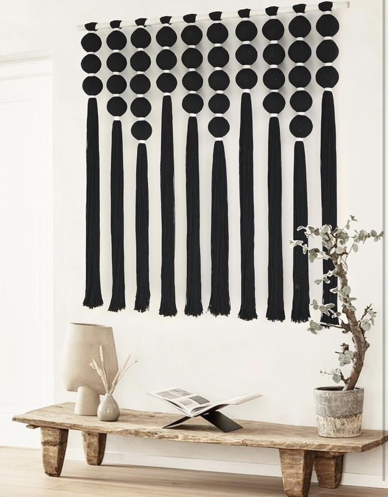 NEW Anthropologie XL Boho Black & White Tassel Tapestry Woven Wall Hanging - 40"