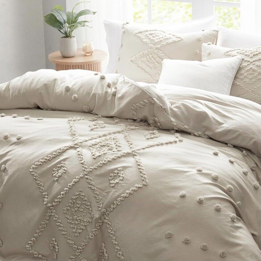 NEW Anthropologie Cream Boho King Size Tassel Bedspread Duvet Blanket Sham Set