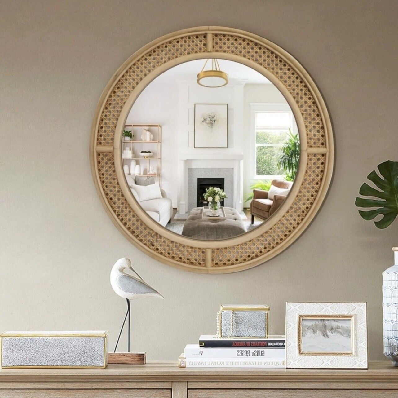 NEW West Elm Large Round Mirror Wicker Rattan Boho Wall Hanging Decor - 24” Diam