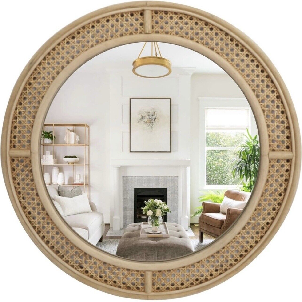 NEW West Elm Large Round Mirror Wicker Rattan Boho Wall Hanging Decor - 24” Diam