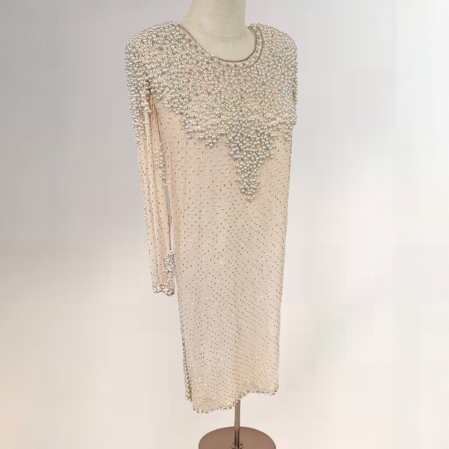 Vintage Lillie Rubin Cream Chiffon Pearl Beaded Tunic Dress Gown - Size Small