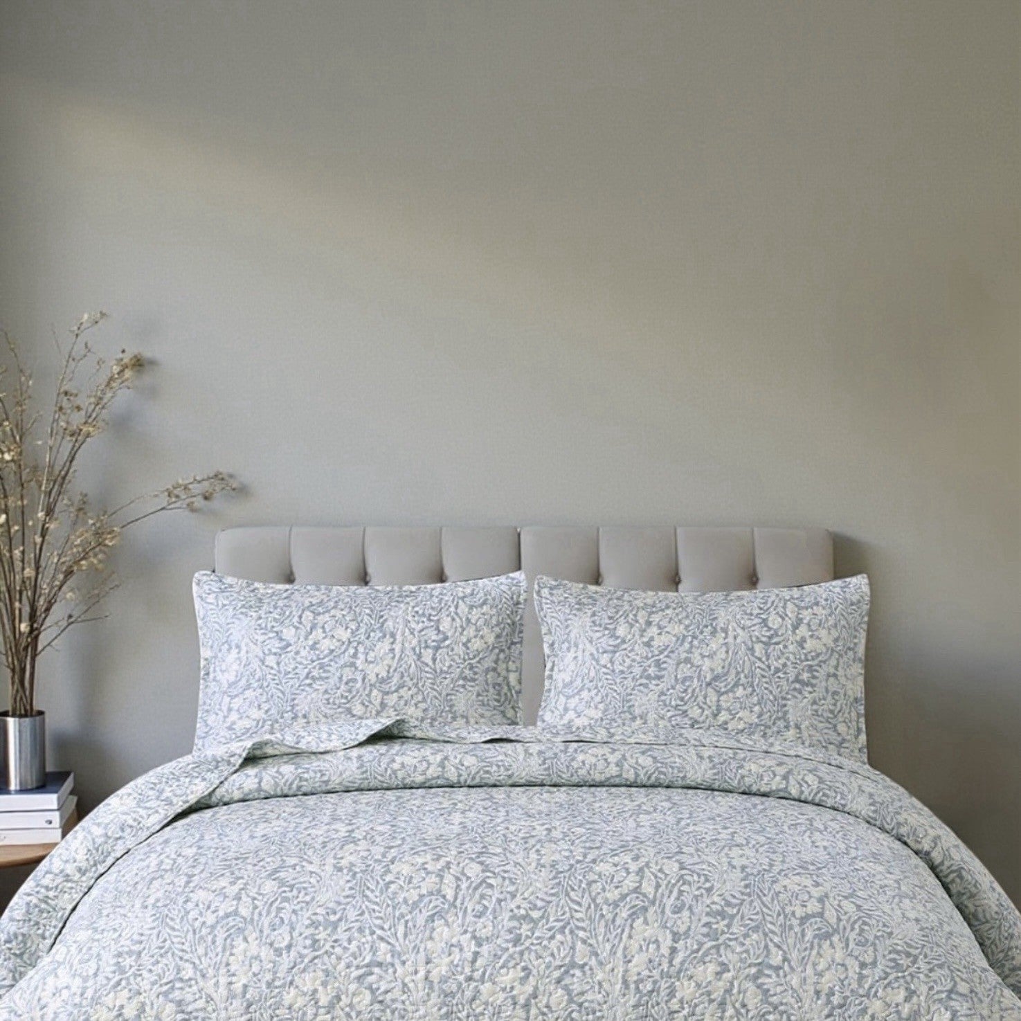 NEW West Elm Blue Botanical Boho Print Queen / King Bedding Quilt & Sham Set