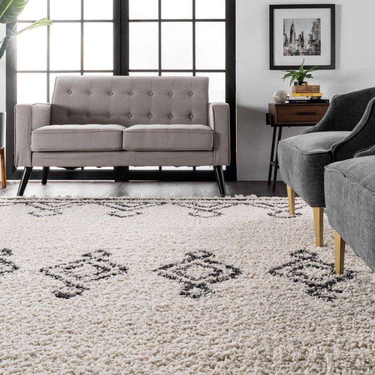 NEW West Elm White Black Boho Tassel Geometric Shag Area Rug Carpet - 5' x 8'