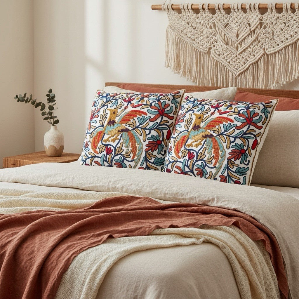 NEW Anthropologie Boho Floral Embroidered Throw Pillow Cover Case Sham 18 x 18