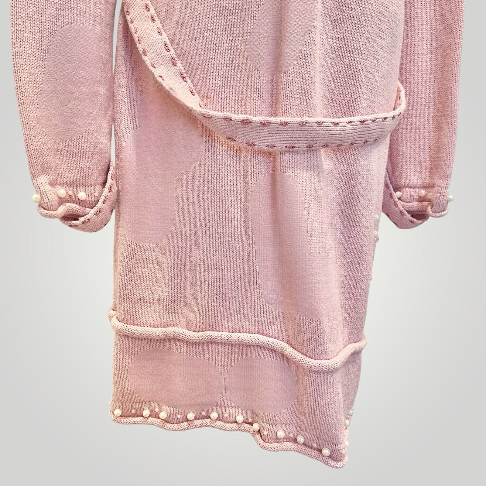 Vintage Storybook Knits Pink Heart Embroidered Pearl Sweater Duster - Medium