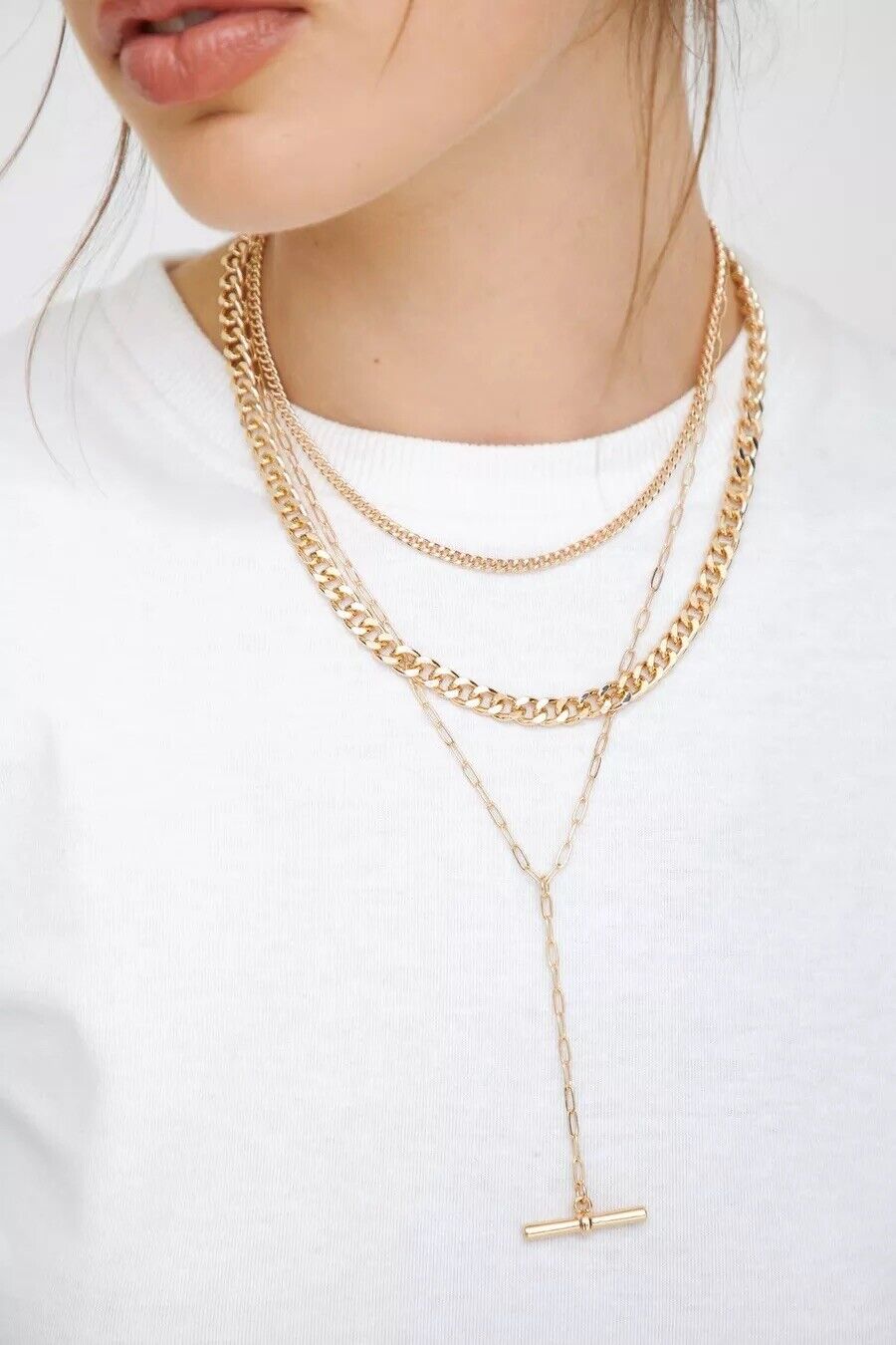 NEW Anthropologie Gold 3 Layered Chain Stacking Necklace Boho Jewelry Set