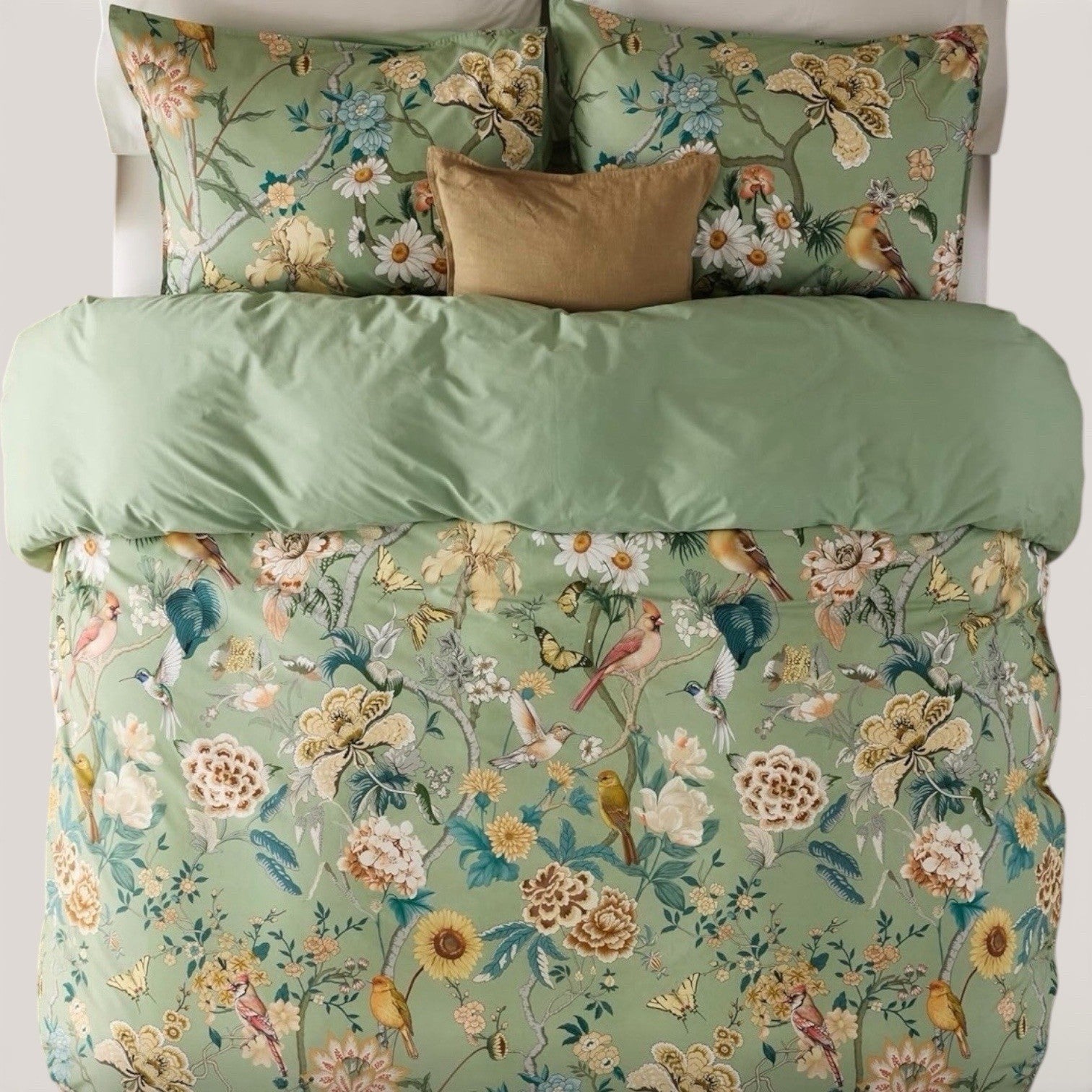 NEW Anthro Green Floral Bird Boho Cotton Queen King Size Bedding Duvet Sham Set