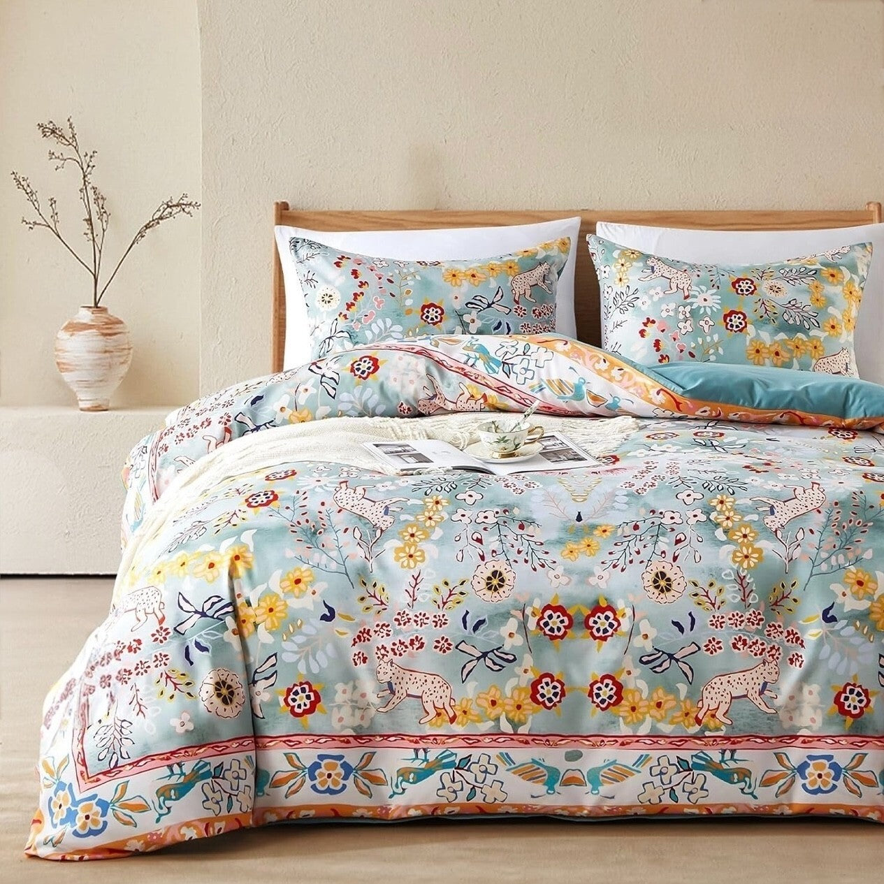 NEW Anthro Blue Jungle Multicolor Boho Queen / King Bedding Duvet & Sham Case