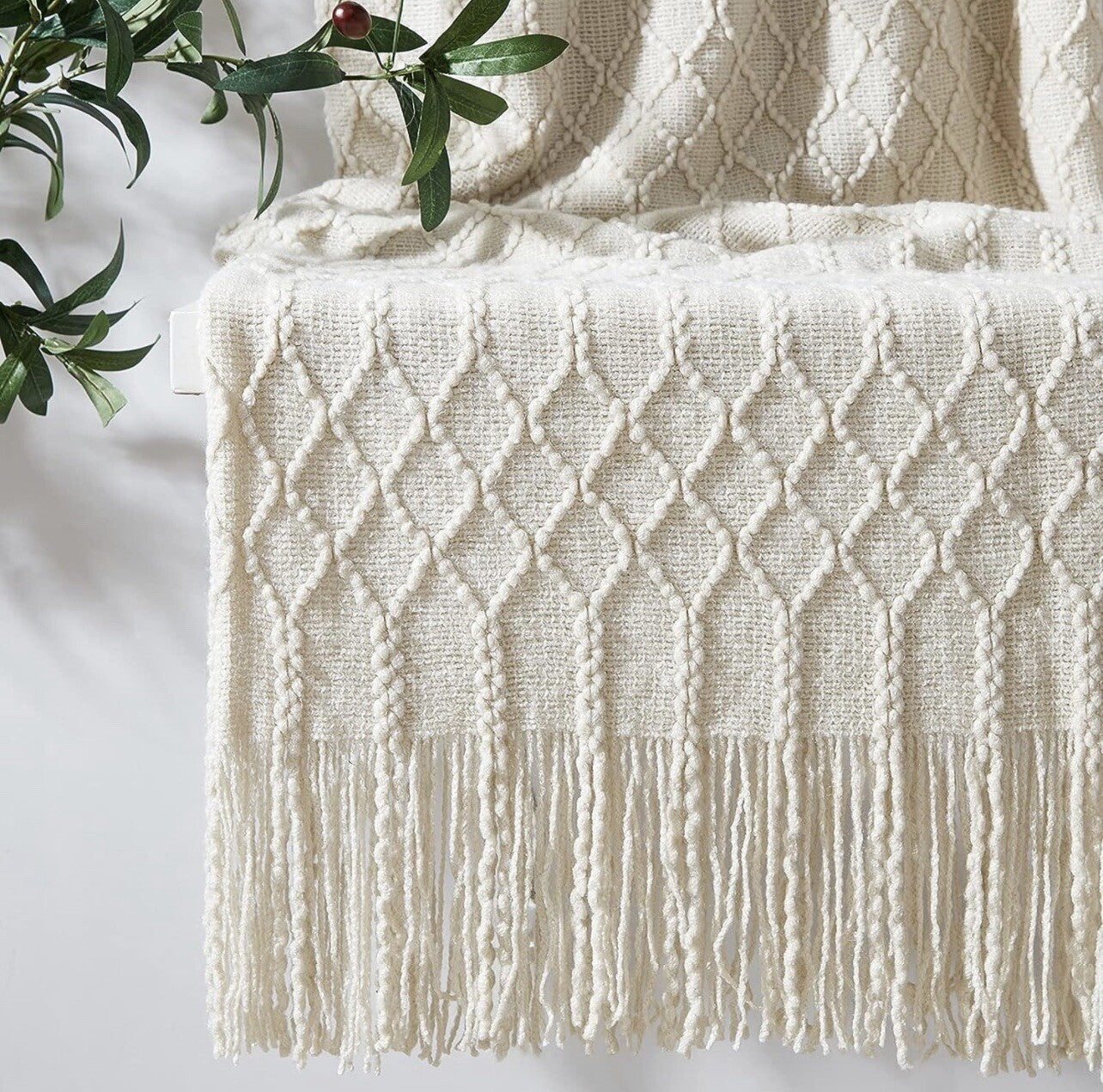 New Anthro White Boho Tassel Fringe Pom Pom Knit Throw Blanket 60" x 80"