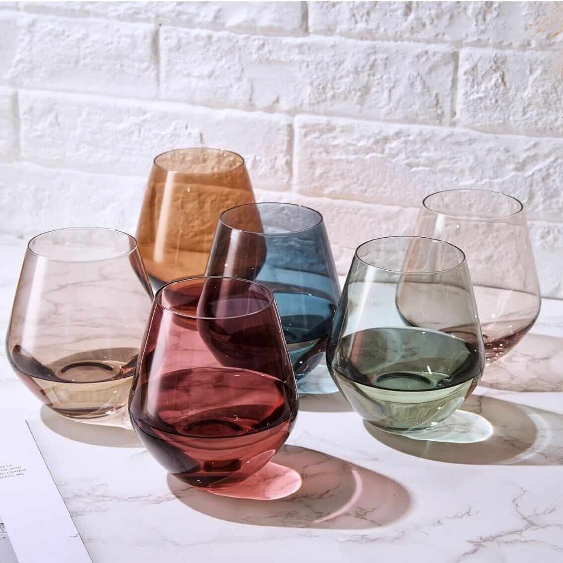 NEW West Elm (Set of 6) Colorful Stemless Crystal Wine Glass Drink Ware Bar Set