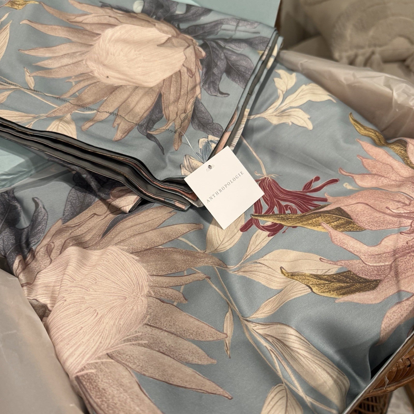 NEW Anthro Blue Floral Multicolor Full Queen King Cotton Bedding Duvet Sham Set