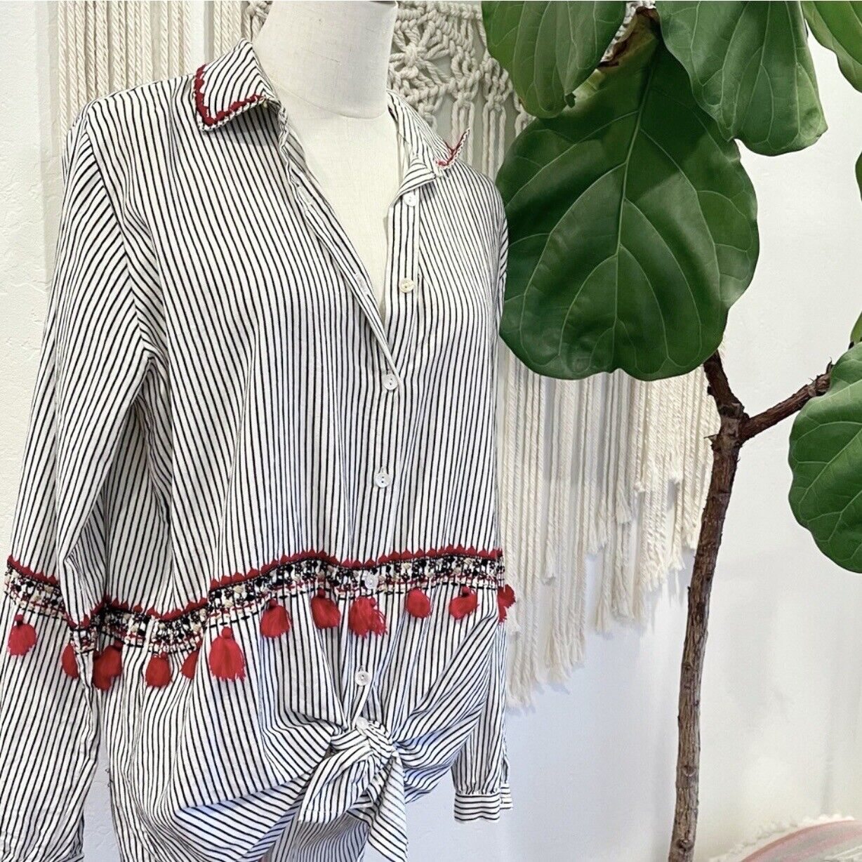 Free People / Derhy Boho Tassel Striped Button-up Blouse Shirt Top | Large / 10