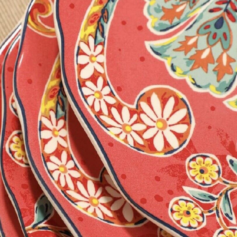 NEW Anthropologie (Set of 4) Red Boho Ceramic Floral Dinnerware Salad Plates Set