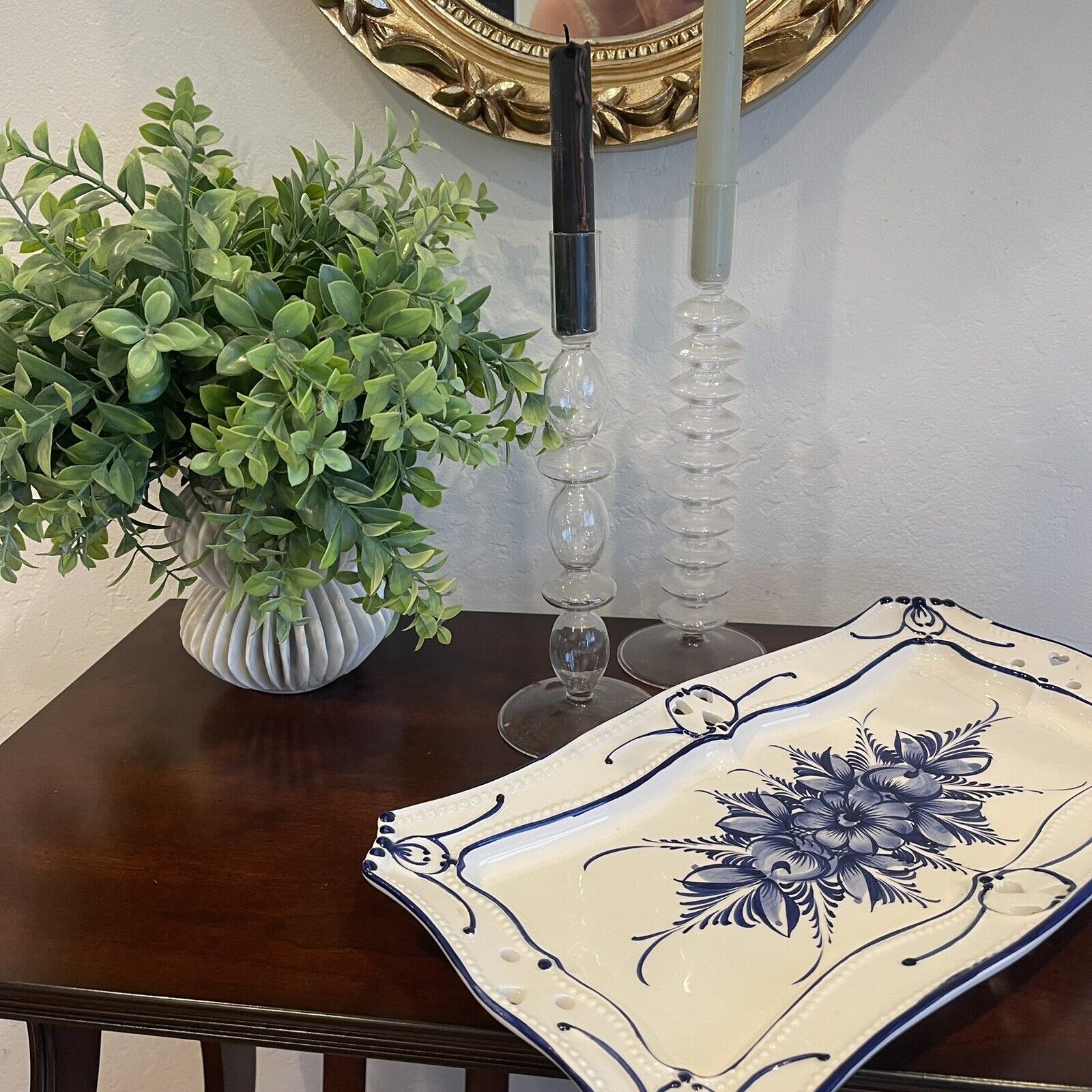 Vintage RCCL Blue & White  Portuguese Floral Painted Ceramic Serving Tray Dish