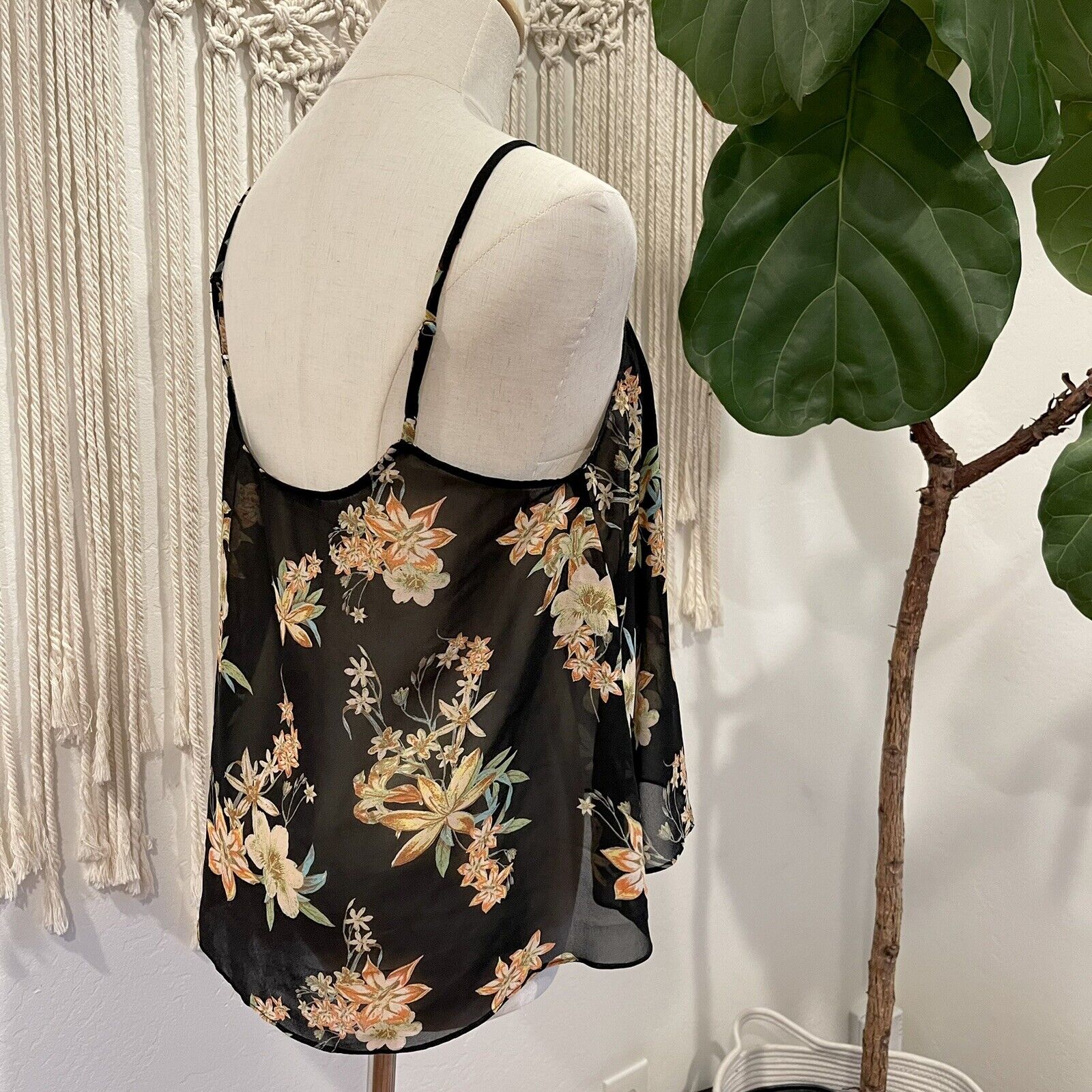 Free People | Black Floral Sheer Tank Top Camisole Shirt - Size Medium