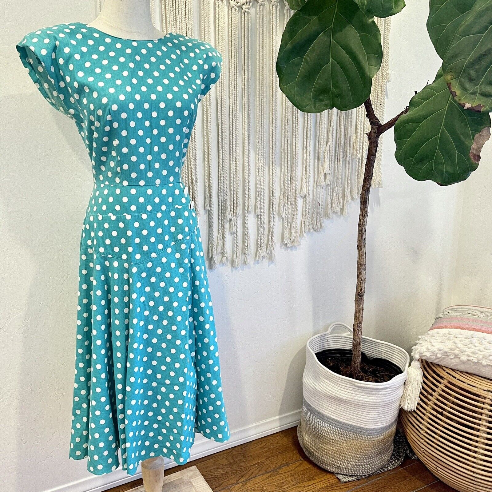 Vintage 1960's Teal & White Polka Dot Button Tea Length Milanzo Dress - Medium