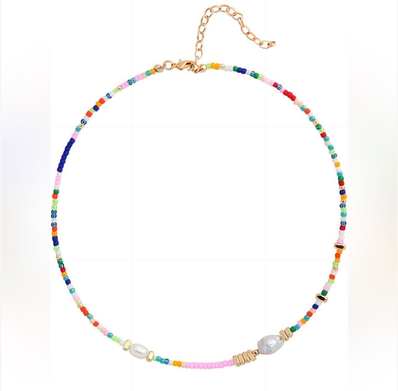 NEW Free People Boho Colorful Beaded Pearl Gold Plated Choker Necklace Jewelry 