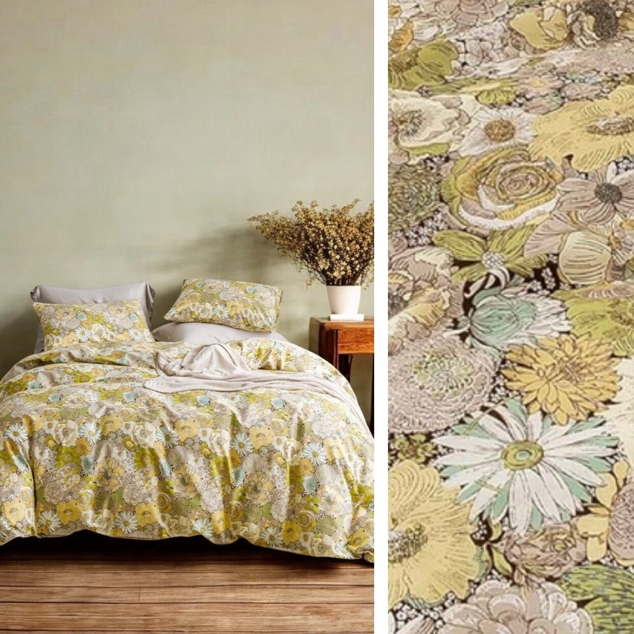 NEW Green & Yellow Floral Luxury Cotton Boho King Bedding Duvet & Sham Case Set