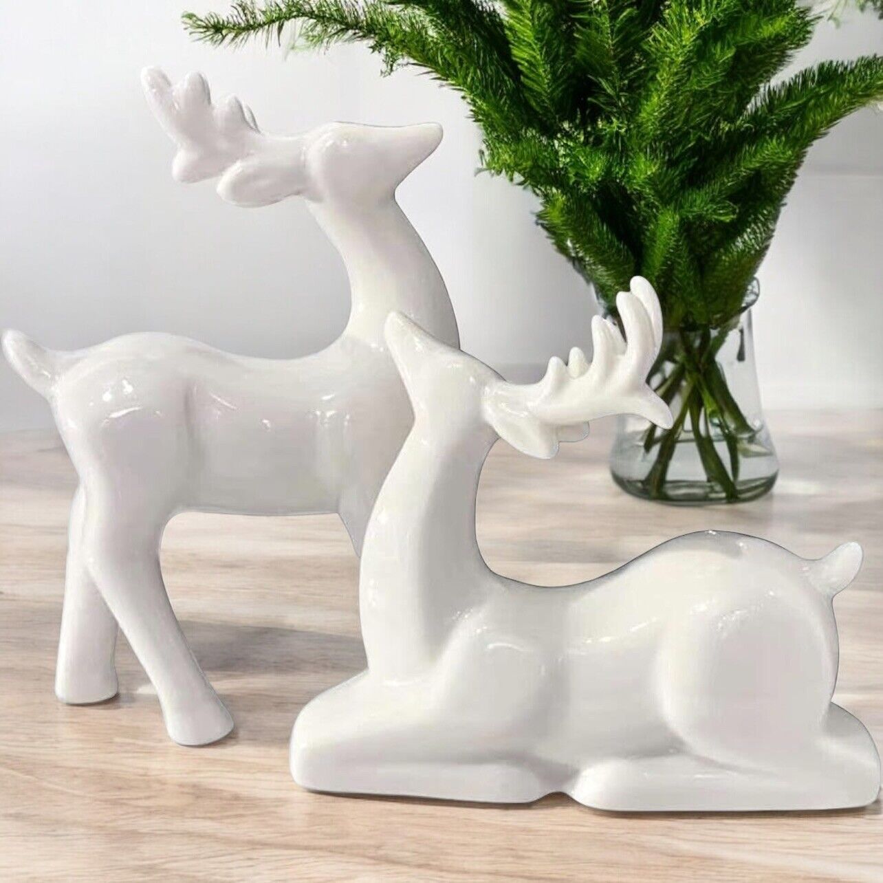 NEW Pottery Barn Modern White Ceramic Deer Holiday Christmas Figurines Set of 2