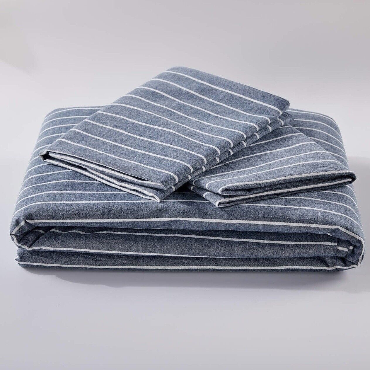 NEW West Elm Blue White Striped King Size Linen Cotton Bedding Duvet & Sham Set