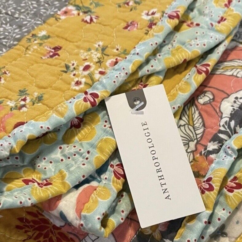 NEW Anthropologie Boho Multicolor Floral Throw Blanket Patchwork Quilt 50" x 60"