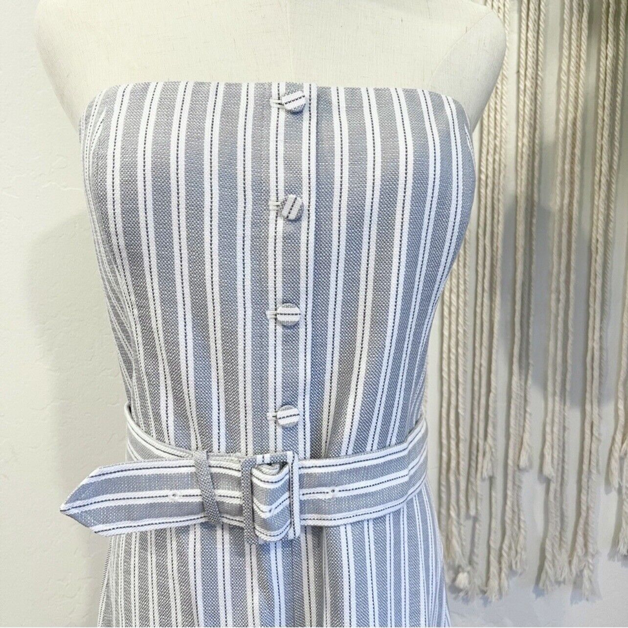 New $270 Club Monaco Blue & White Striped Linen Jumpsuit Romper Size 10 / Large