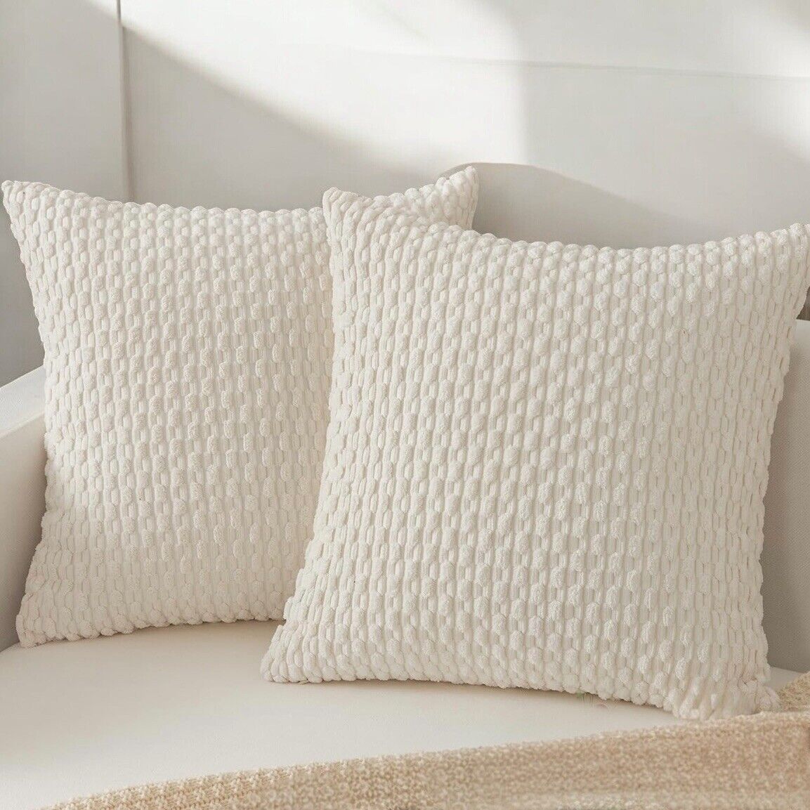 New West Elm (Set 2) White Velvet Corduroy Euro Throw Pillow Cover Sham 24 x 24