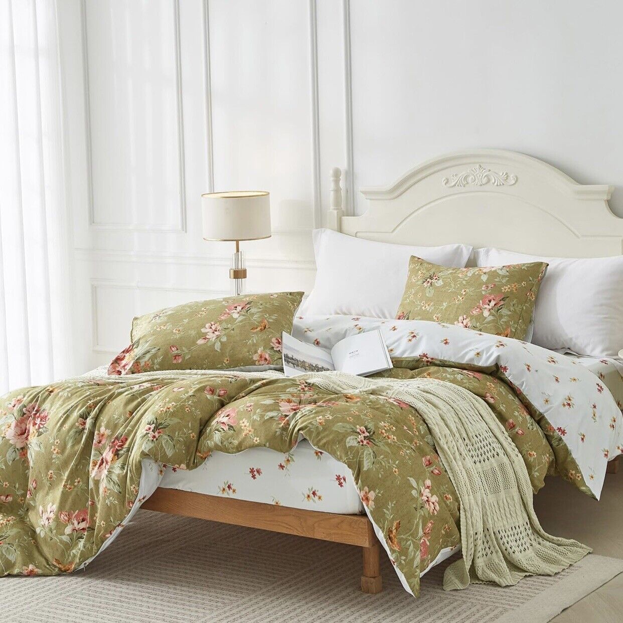 NEW Anthropologie Green Boho Queen Size Reversible Floral Bedding Duvet Sham Set