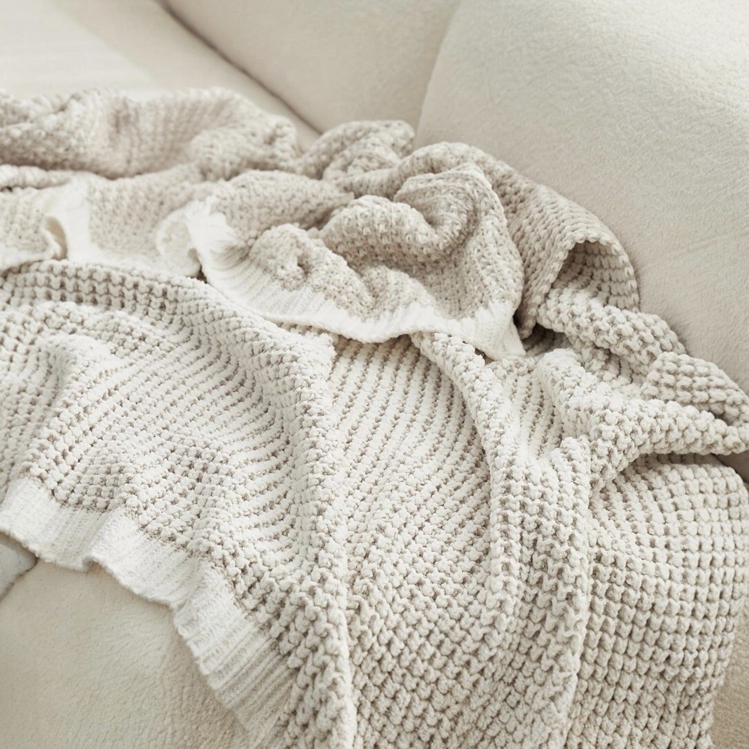 NEW West Elm Beige Woven Waffle Knit Cotton Boho Cozy Throw Blanket - 60" x 80"