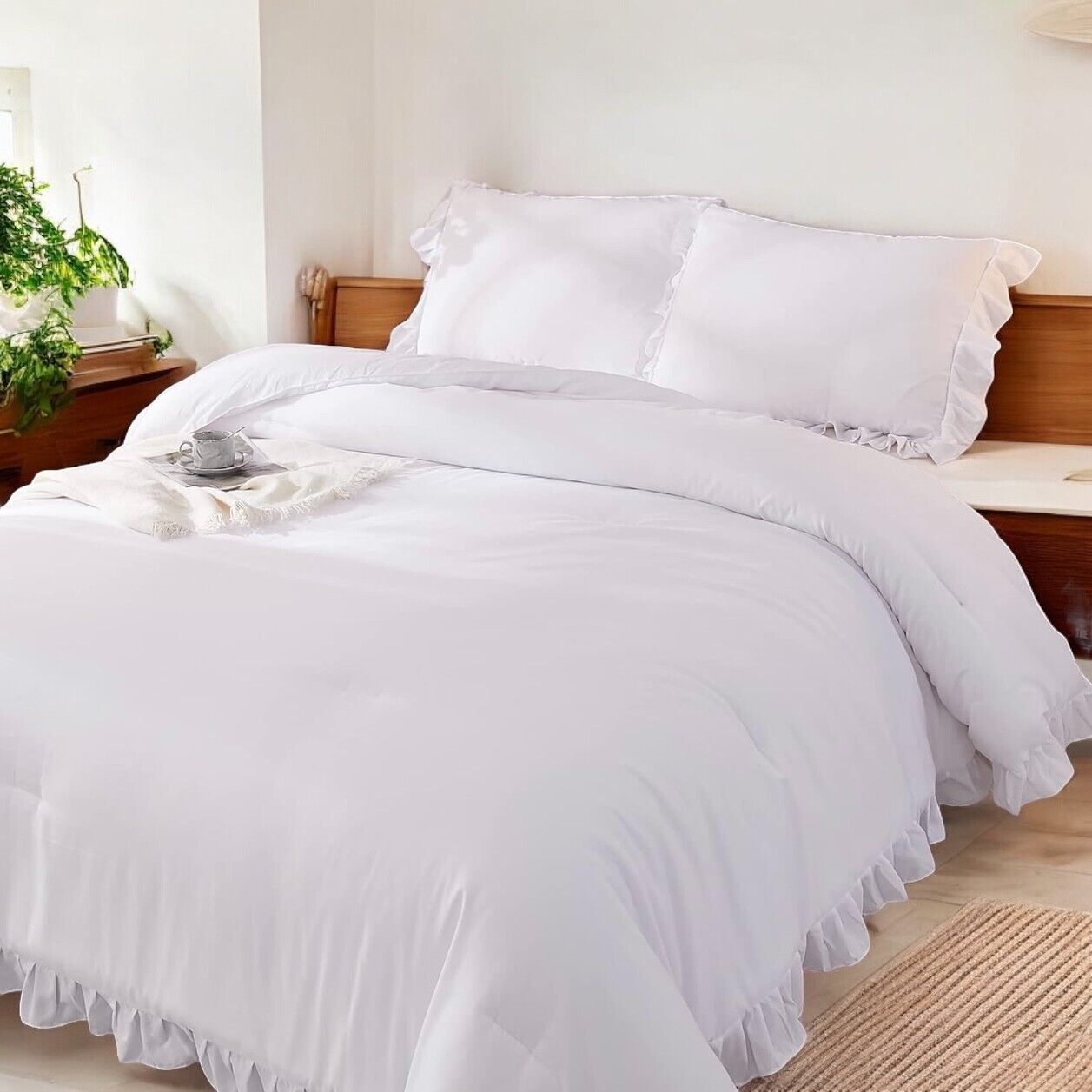 NEW West Elm White Ruffle Solid Down Altern. Comforter & Pillow Sham Bedding Set