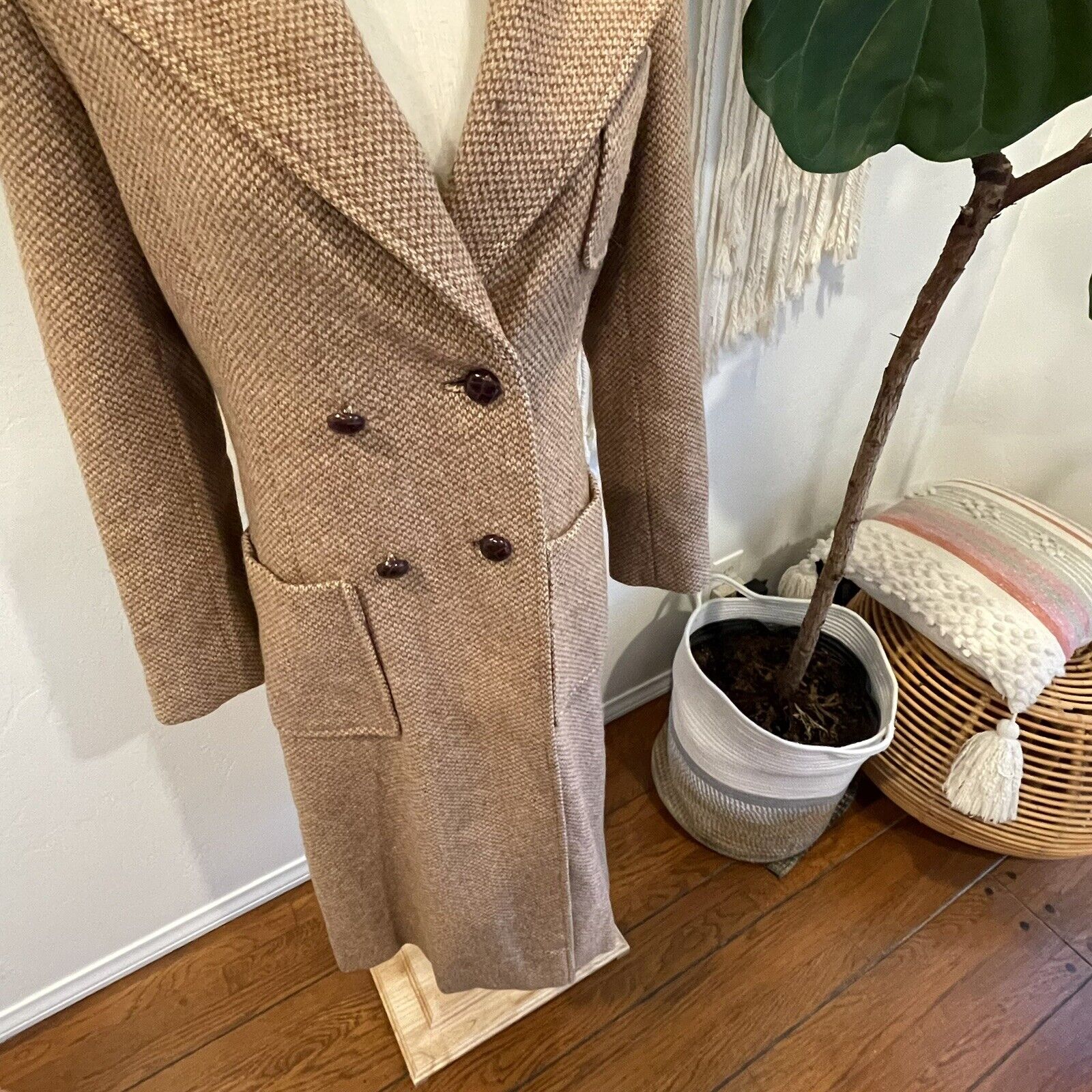 Oscar De La Renta Women's Tweed Tan Trench Coat Jacket | Size Large / 12