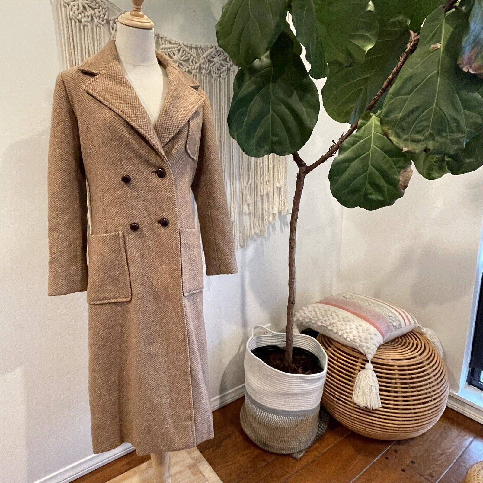 Oscar De La Renta Women's Tweed Tan Trench Coat Jacket | Size Large / 12